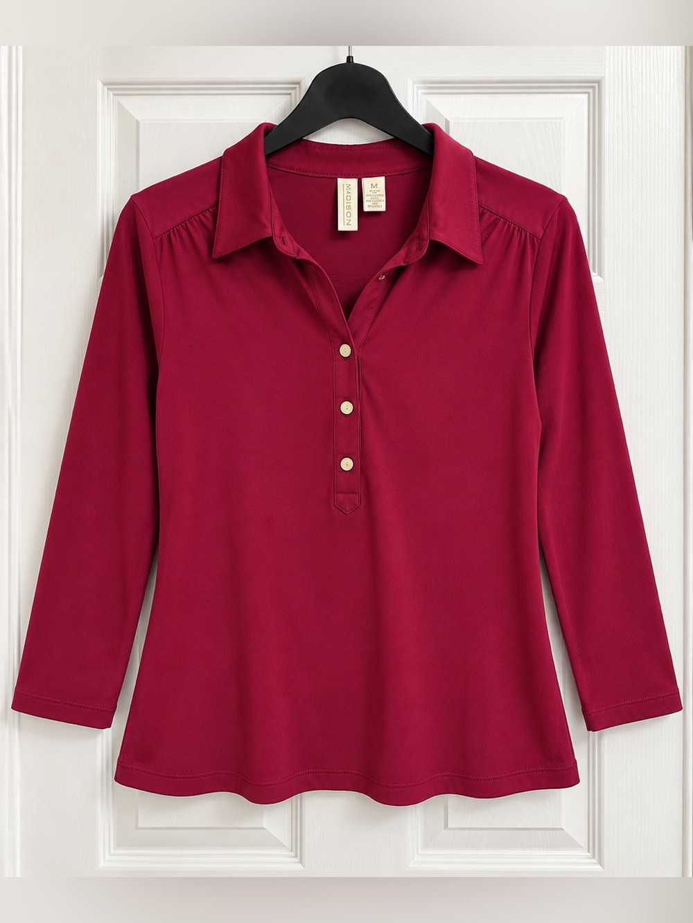 Madison Women’s Burgundy 3/4 Sleeve Collared Tunic Blouse Size M